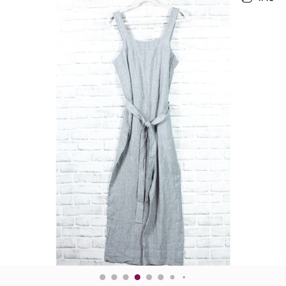 Everlane Gray White Linen Pinstripe Square Neck Belted Jumpsuit Women Size 8